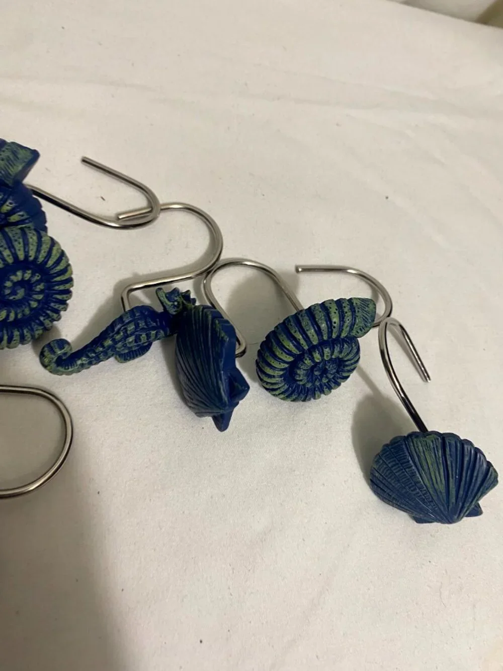 Set of 12 Coastal Shower Curtain Hooks Blue Seashell Seahorse Nautical Bathroom